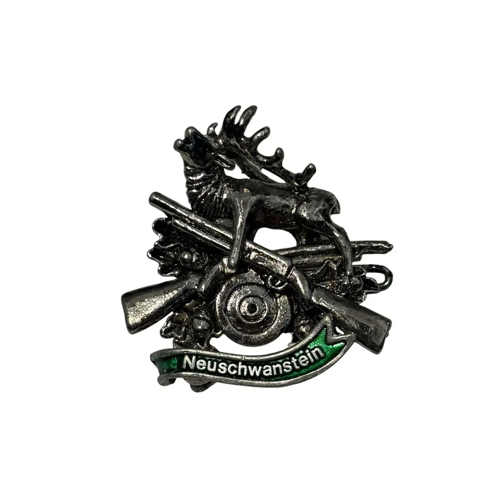 Vintage Neuschwanstein Silver Tone Enamel German Hunting Alpine Stag Brooch Pin